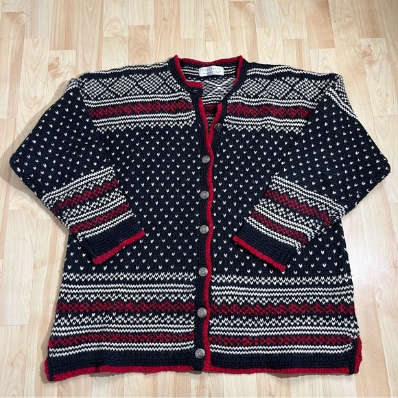 Portraits By Northern Isles Cardigan Sweater Black Red Tribal Print Boho Large - Picture 1 of 6